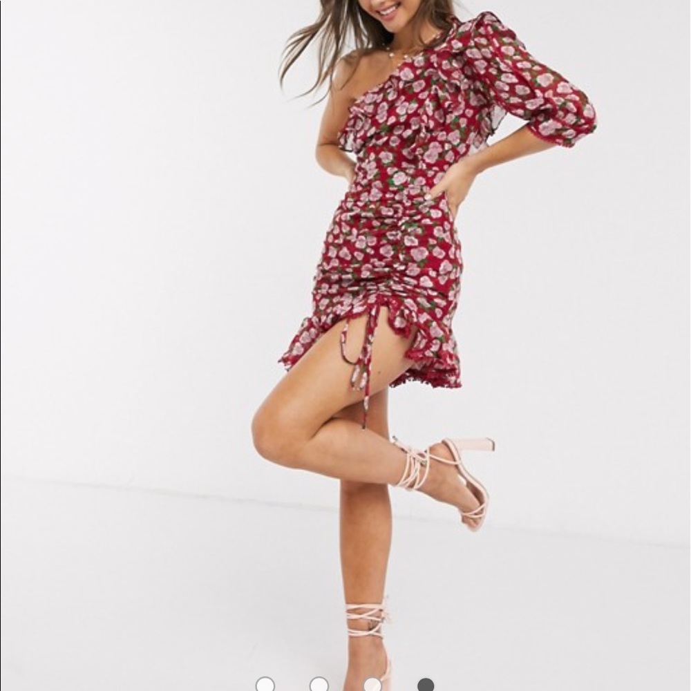 Dark Pink one shoulder ruched side mini dress